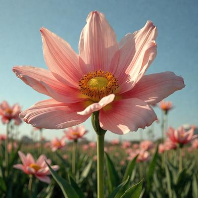 The primary subject of the image is a large, pink flower with a yellow center, standing out in a field of other flowers. The setting is a field with a variety of flowers, creating a vibrant and colorful scene. The visual style is a close-up of the pink flower, emphasizing its beauty and details. The colors and mood of the image are predominantly pink and yellow, giving it a warm and cheerful atmosphere.